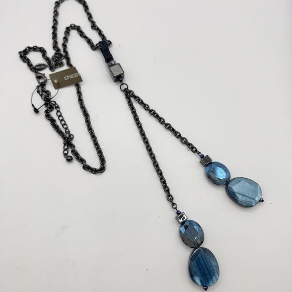 Chico’s NEW Chunky Lariat Style Necklace Blue Stones Black Chain Long Statement - Picture 1 of 7